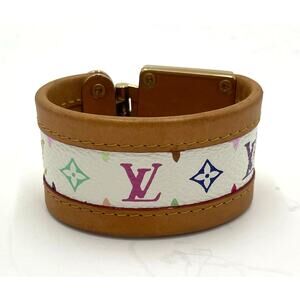 Louis Vuitton LV Womens Leather Logo Cuff Bracelet Gold Clasp w/Box & Dust Bag
